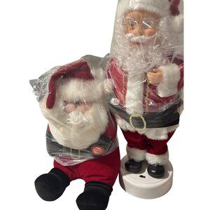 Two Animated Santa Claus Doll Candle Red Velvet Suit White Faux Fur Not working